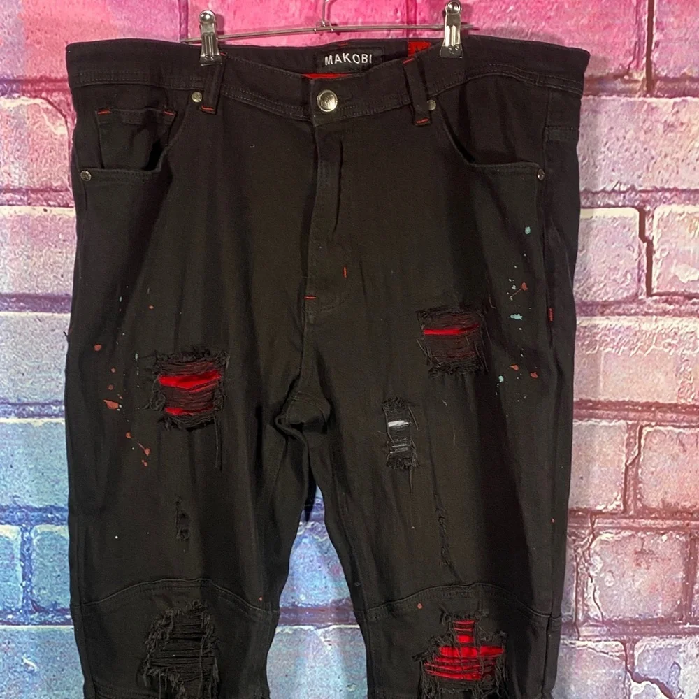 Makobi Distressed Paint Splatter Black Jeans Men’s 40x32 Streetwear Denim - Picture 3 of 13
